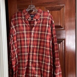 Lands' End Men's Orange and White Plaid Shirt